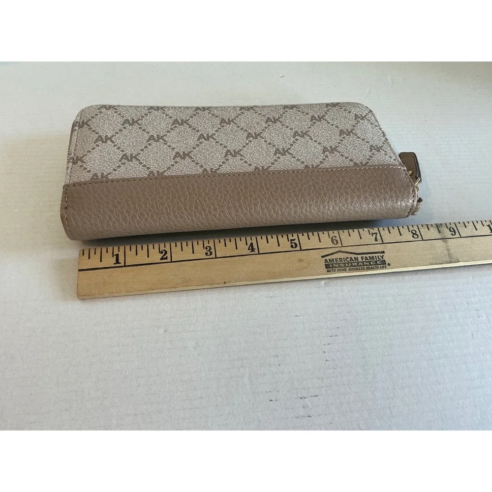 Anne Klein Monogram Zip Around Wallet Taupe Beige Logo Gold Tone Lion Large Slim